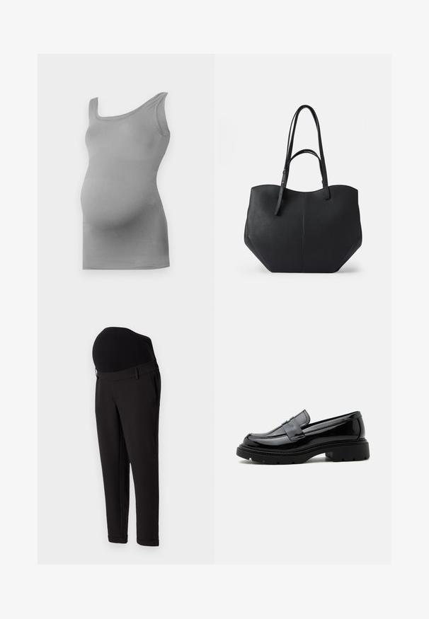 Top de maternidad gris, fabricado con un tejido suave y elástico. Cuenta con una tira ancha en el hombro y un diseño ajustado que resalta la barriga redonda.; Pantalones de maternidad negros con una cintura alta y elástica y un diseño de pierna ajustada. La tela tiene una textura suave con un ligero brillo.; Mocasín de cuero negro brillante con suela gruesa de tacos y tira tipo "penny", mostrado de perfil sobre un fondo blanco liso.; Bolsa tote negra de cuero liso y texturizado, con parte superior redondeada y dobles asas largas. Presenta una base angular para estabilidad y un diseño estructurado.