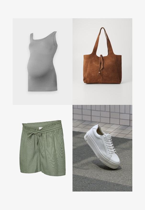 Grå graviditetstop i tanktop-stil lavet af glat, strækbart stof. Har en bred skulderrem og en tætsiddende design, der fremhæver en afrundet mave.; Lysegrønne afslappede shorts med elastisk taljebånd og snøre, lavet af let, tekstureret stof.; Hvide lædersneakers med lavt design, flade snører, rund tå og strukturerede sider. Tyk gummisål med diskrete detaljer.; Brun ruskinds tote bag med to lange håndtag, snøre lukning og glat tekstur. Har et enkelt design og minimale accenter.