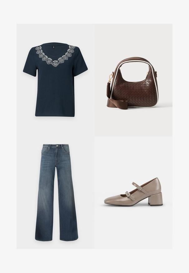 Marineblaue T-Shirt mit kurzen Ärmeln und V-Ausschnitt. Mit einem weißen gestickten geometrischen Muster um den Ausschnitt. Strukturiert Stoff.; Weite Jeans aus Denim in Dunkelblau mit einem distressed Finish, Knopfverschluss und fünf Taschen. Glatte Textur, minimale Nähdetails.; Beige Lackleder-Mary-Jane-Schuh mit spitzem Zehenbereich, zwei verstellbaren Riemen und einem klobigen, quadratischen Absatz. Glatte Textur und minimale Hardware.; Braune gewebte Lederhandtasche mit weißer Paspel, goldenem Reißverschluss und abnehmbarem braunem Stoff-Schulterriemen.