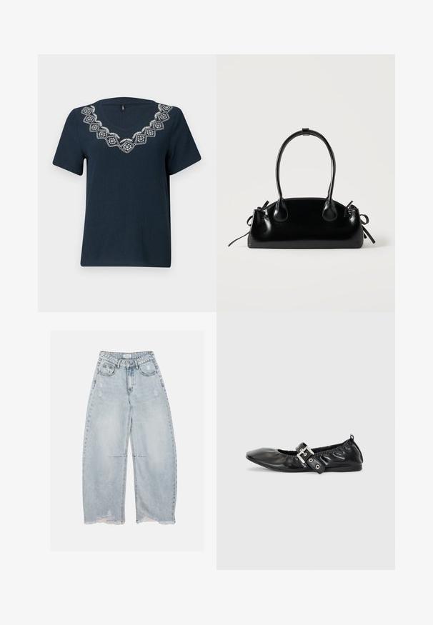 Marineblaue T-Shirt mit kurzen Ärmeln und V-Ausschnitt. Mit einem weißen gestickten geometrischen Muster um den Ausschnitt. Strukturiert Stoff.; Hellblaue Jeans mit weitem Bein aus Denim, mit ausgewaschenen Details und ausgefransten Säumen, mit vorderen Taschen, Gürtelschlaufen und Knopfverschluss.; Schwarze Leder-Ballerinas mit spitzem Zehenbereich, gerafften Details am Schaft und einem silbernen Schnallenakzent am verstellbaren Riemen.; Kleine schwarze glänzende Handtasche mit zwei langen Griffen und seitlichen Kordelzug-Details vor einfachem hellem Hintergrund.