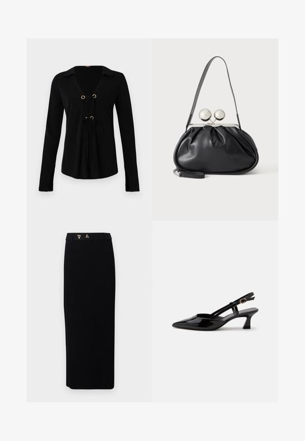 Sort langærmet skjorte med V-hals, gyldne øskner og justerbare snore foran. Lavet af blødt stof med en glat tekstur.; AERON FORUM - Pencil skirt - black; Sort laklæderslingback med lille hæl, spids tå og justerbar guldlåsrem på hvid baggrund.; Sort læderhåndtaske med opsamlet design, en enkelt rem, sølv metalramme og to store runde sølv lukninger.