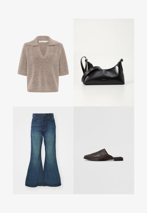 Beiger, kurzärmeliger Pullover mit V-Ausschnitt, aus weichem Strickmaterial, mit Kragen und lässiger Passform.; Ausgestellte Jeans aus Denim in Mittelblau, mit hoher Taille, fünf Taschen und kontrastierenden Nähten. Glatte Struktur mit leichtem Verblassen.; Schwarze Slipper-Mule aus strukturiertem Material mit einem Reptilienmuster, ausgestattet mit einem niedrigen, flachen Absatz und einem abgerundeten, offenen Zehendesign.; Schwarze lederne Handtasche mit glatter Textur. Verfügt über einen verstellbaren Riemen und ein elegantes, minimalistisches Design mit einem Reißverschluss.