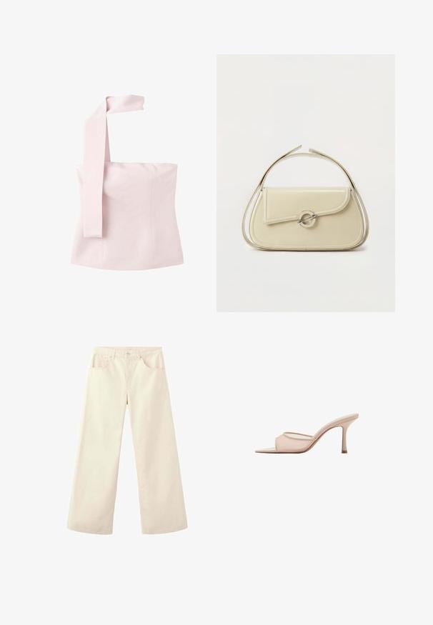 Haut asymétrique rose clair sans bretelles avec une large sangle tombant sur une épaule, ajusté avec des détails de coutures.; Pantalon crème à jambes larges et taille haute avec poches avant, passants pour ceinture et fermeture par bouton, présenté sur fond blanc.; Mule beige à talon aiguille avec bout ouvert, talon haut et fin, et une seule large bride sur le devant, isolée sur fond blanc.; Sac à main en cuir crème avec rabat incurvé, fermoir circulaire en argent et poignée courte sur le dessus, sur fond blanc uni.