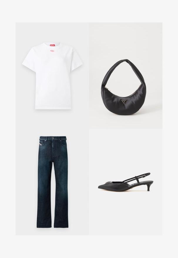 Hvid kortærmet T-shirt med rund hals og lille pink oval logo under kraven samt rød Diesel mærke indeni i nakken.; Mørkeblå denimjeans med lige ben, udstyret med knaplukning foran og sidelommer. Blød tekstur med en let falmet effekt.; Sorte slingback-sko med spids tå, lavet af glat materiale, med en lille hæl og en dekorativ sølvaccent på vamps.; Sort satin håndtaske med en buet form, der har en lynlåslukning og et trekantet logo i metal på forsiden. Glat tekstur og slankt design.