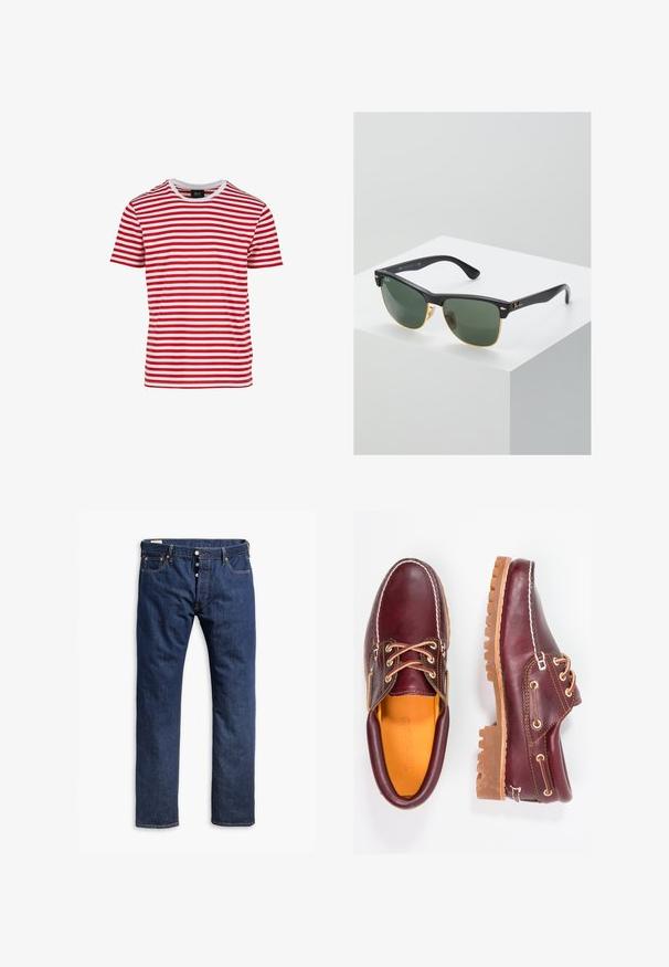 Rood-witte gestreepte t-shirt met korte mouwen en ronde hals, gemaakt van stof met een gladde textuur. Bevat een gelijkmatige horizontale strepen.; Donkerblauwe denim jeans met een recht pijpdesign, contrasterende stiksels, een knopenrits en vijf-pocketstijl.; Bordeaux leren schoenen met bruine rubberen zolen, ronde neus, witte stiksels en gouden veterogen. Het interieur heeft een gele voering.; Ray-Ban zonnebrillen met groene lenzen, zwarte plastic monturen en gouden accenten aan de randen. Vierkante vorm met een matte afwerking.