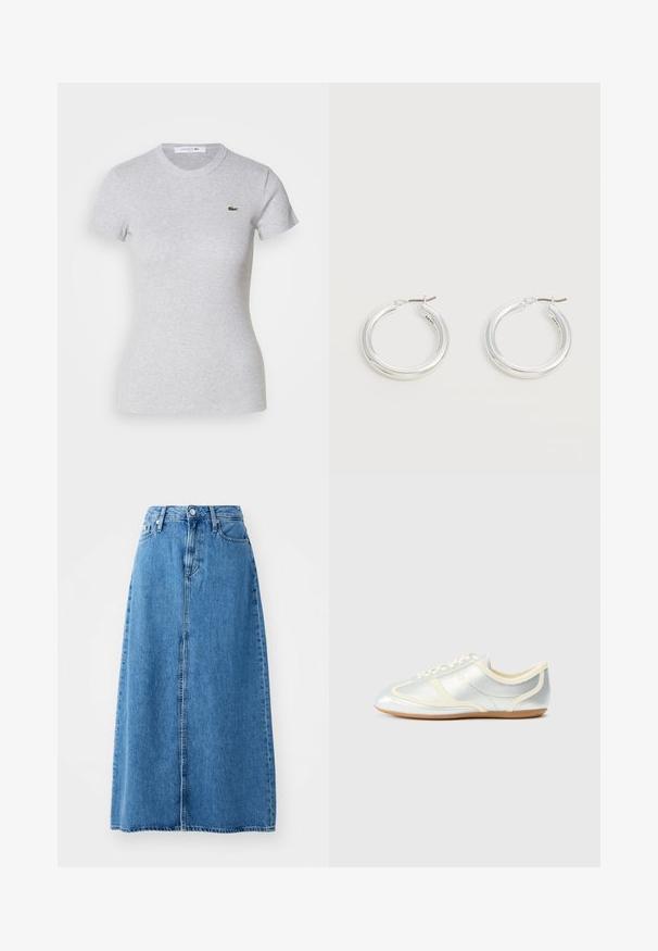 Hellgrau gefittetes T-Shirt mit kurzen Ärmeln und rundem Ausschnitt sowie einem kleinen grünen Lacoste-Krokodil-Logo auf der linken Brust.; Maxi-Rock aus blauer Jeans mit einem knopfverschluss vorne, zwei Taschen und einem geraden Schnitt mit rohem Saum. Klassisch und vielseitig.; Silberne, synthetische Sneaker mit cremefarbenen Akzenten, flachem Profil, rundem Zehenbereich und flacher Gummisohle; verfügt über klassische Nahtdetails und Schnürverschluss.; Paar mittelgroße glänzende silberne Hoop-Ohrringe mit dünnen Metallverschlüssen auf hellem neutralem Hintergrund.