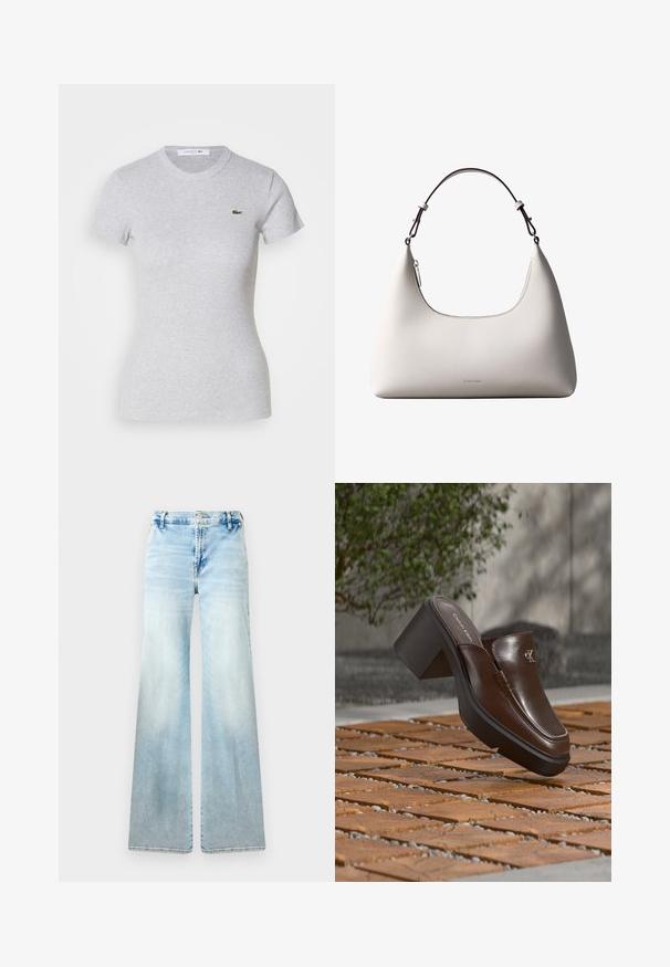 Lichtgrijs aangesloten t-shirt met korte mouwen, een ronde hals en een klein groen Lacoste krokodillenlogo op de linkerborst.; Lichtblauwe uitlopende jeans van denim. Met een vervaagde wassing, standaard zakken en een knoopsluiting aan de taille.; Bruine leren Calvin Klein mule met hak die boven houten tegelvloer zweeft met een vervaagde groene plant en muur op de achtergrond.; Romige Calvin Klein leren schoudertas met gebogen bovenrand, zilveren rits en donkerbruine verstelbare riem.