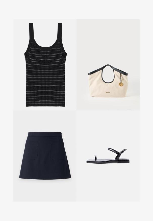 Sort ribbet tanktop med tynde hvide striber, der har en rund halsudskæring og brede skulderstropper. Glat tekstur, tætsiddende design.; Mørkeblå nederdel lavet af robust stof, med en tætsiddende linning, udvidet facon og to baglommer med kontrastsyning.; Sort flad sandal med tynde stropper, tå-loop og justerbar ankelspænde på en ensfarvet hvid baggrund.; Beige lærredstaske med sort kant og håndtag, med en rund guldfarvet MK-logo vedhæng hængende på den ene side.
