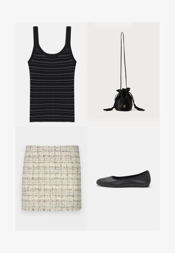 Débardeur noir à rayures blanches fines, avec un col rond et de larges bretelles. Texture lisse, design ajusté.; Jupe mini en tweed crème et noir, présentant un motif texturé avec une coupe droite et un ourlet frangé pour plus de détail.; Ballerines en cuir noir avec un bout rond, texture lisse, détails de couture minimalistes et design de semelle flexible.; Sac seau noir à cordon avec une longue sangle fine et un petit logo carré doré sur le devant, présenté sur un fond uni.