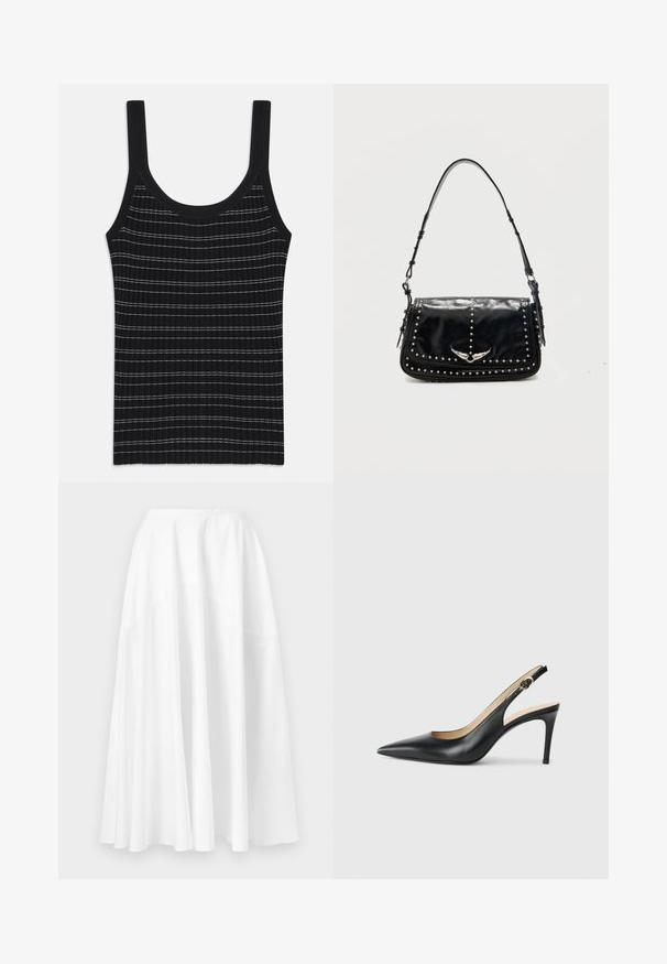Débardeur noir à rayures blanches fines, avec un col rond et de larges bretelles. Texture lisse, design ajusté.; Longue jupe blanche à taille haute avec un ourlet large et ample, présentée sur un fond uni.; Escarpins en cuir noir avec une pointe fine, une bride ajustable et un talon aiguille élégant, présentant une finition lisse.; Sac à épaule en cuir noir avec des clous argentés et un emblème métallique ailé sur le rabat avant sur fond uni.