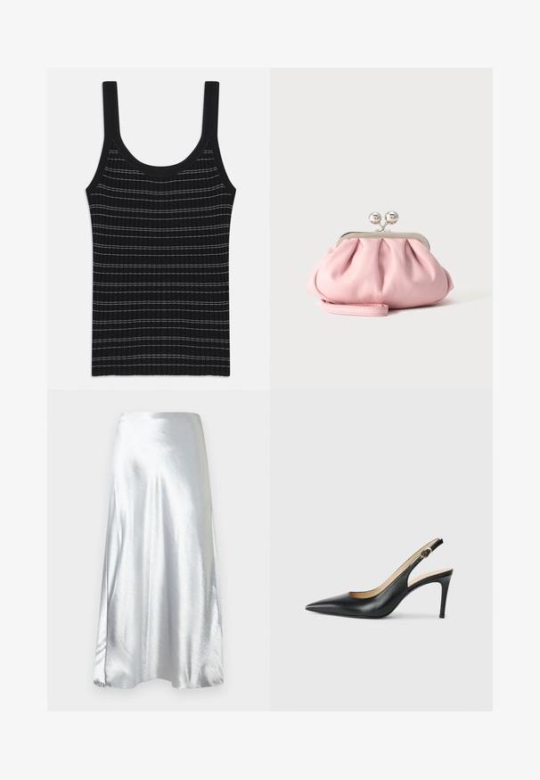 Débardeur noir à rayures blanches fines, avec un col rond et de larges bretelles. Texture lisse, design ajusté.; Jupe midi en satin argenté avec une texture lisse, un design évasé et un éclat subtil. Elle présente une taille droite et une silhouette en A.; Escarpins en cuir noir avec une pointe fine, une bride ajustable et un talon aiguille élégant, présentant une finition lisse.; Petit sac pochette doux rose avec cadre métallique argenté et fermoir rond, reposant sur une surface plate et claire avec une bride de poignet repliée devant.