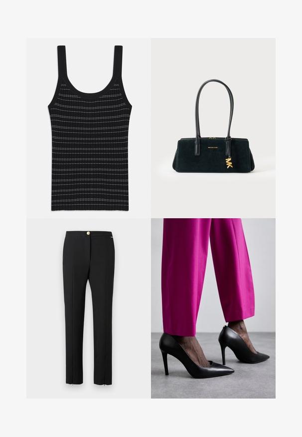 Débardeur noir à rayures blanches fines, avec un col rond et de larges bretelles. Texture lisse, design ajusté.; Pantalon droit pour femmes noires, avec pli sur le devant, braguette zippée et fermeture à bouton doré sur un fond uni.; Chaussures à talons hauts noires avec un design à bout pointu et une texture en cuir lisse. Associées à des pantalons ajustés rose vif.; Sac à main rectangulaire noir Michael Kors avec double poignée et charm doré avec le logo MK accroché à une poignée.