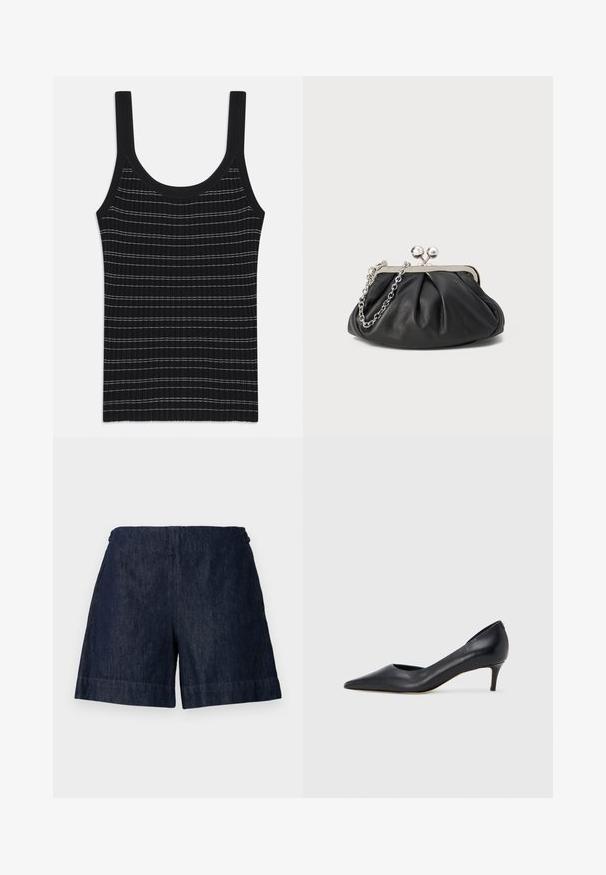 Débardeur noir à rayures blanches fines, avec un col rond et de larges bretelles. Texture lisse, design ajusté.; Shorts en jean bleu foncé avec une taille haute élastique et des ouvertures larges aux jambes, présentés sur un fond clair uni.; Escarpin en cuir noir avec un bout pointu et un talon bas. Présente une texture lisse et un éclat subtil. Découpe ouverte à l'avant pour un détail supplémentaire.; Porte-monnaie en cuir noir avec texture froncée, cadre en métal argenté, fermeture à verrouillage kiss-lock et bandoulière en chaîne. Surface lisse et douce.