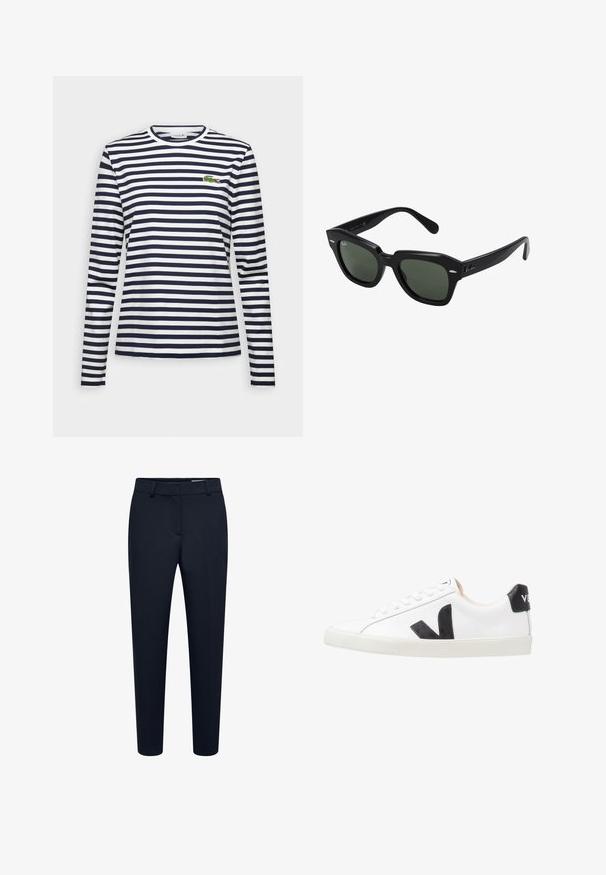 Langsleeve T-shirt met marineblauwe en witte horizontale strepen, ronde halslijn en geborduurd groen krokodillenlogo op de borst.; Zwarte, slim-fit op maat gemaakte broek met riemlussen en een verborgen voorzijde sluiting, geschikt voor formeel of kantoor gebruik.; Witte sneaker met een zwart V-logo, voorzien van een gladleren bovenwerk, ronde neus, vetersluiting en een contrasterende zwarte hieltab.; Zwarte vierkante zonnebril met donker groene lenzen, uitgerust met gedurfde monturen en zilveren accenten aan de zijkanten. Gemaakt in Italië.