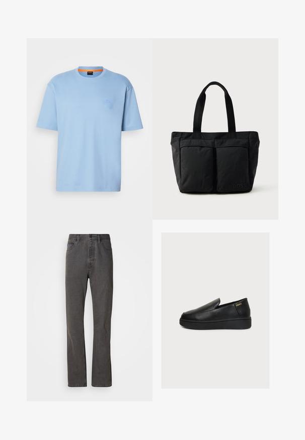 Hellblaues T-Shirt mit kurzen Ärmeln und Rundhalsausschnitt, mit einem dezenten Logo auf der Brust und orangefarbenen Details im Kragen.; Graue Denim-Jeans im geraden Schnitt, mit frontalen Taschen, einem Knopfverschluss und subtiler Textur.; Schwarzer Leder-Slipper mit dicker Sohle und kleinem goldenem "HUGO"-Logo nahe der Ferse auf hellem Hintergrund.; Schwarze Tragetasche aus weichem Stoff, mit zwei vorderen Taschen und stabilen Tragegriffen. Logo an der Seite angebracht. Einfaches, funktionales Design.