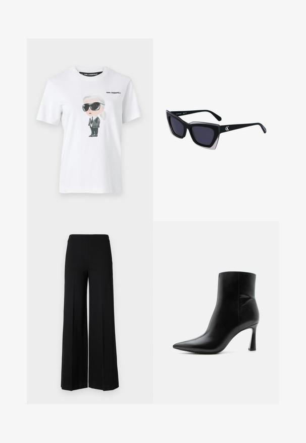 Hvid bomulds t-shirt med en grafisk illustration af en karakter i sorte solbriller og jakkesæt. Mærket siger "KARL LAGERFELD."; Sorte brede bukser med en glat tekstur, der har en høj talje og ingen synlige lukninger. Enkel, ren design.; Sort læderankelstøvle med spids tå og slank, høj stilet hæl, vist i sideprofil på hvid baggrund.; Store sorte oversized solbriller med geometrisk form, med mørke linser og en kontrasterende grå detalje på stellet. Logo på armen.