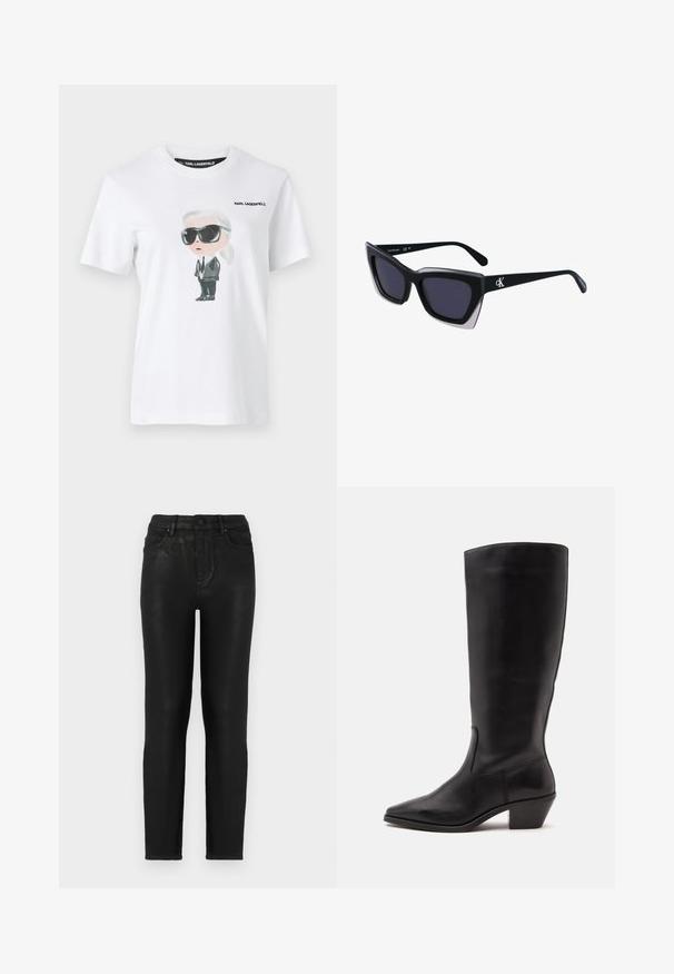 Hvid bomulds t-shirt med en grafisk illustration af en karakter i sorte solbriller og jakkesæt. Mærket siger "KARL LAGERFELD."; Sorte denim jeans med slim fit, der har høj talje, klassisk fem-lomme design og en subtil glans-struktur. Standard frontknaplukning.; Sort læderstøvle til midtkalv med spids tå og lavt skråt hæl på en enkel lys baggrund.; Store sorte oversized solbriller med geometrisk form, med mørke linser og en kontrasterende grå detalje på stellet. Logo på armen.