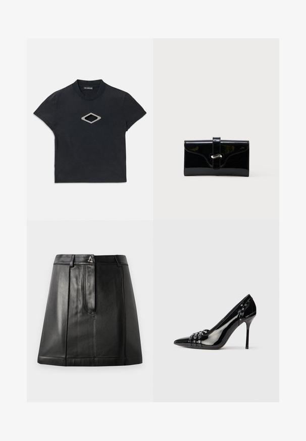 Camiseta corta negra de manga corta con escote redondo y un diseño de corte en forma de diamante plateado en la parte central delantera.; Falda de cuero negro con una forma estructurada, que cuenta con un bolsillo frontal y un accesorio metálico en la cintura. Textura suave y detalles de costura.; Zapato de tacón stiletto de charol negro con punta afilada, tres correas decorativas con tachuelas y la marca "Karl Lagerfeld" en el tacón.; Cartera rectangular negra y brillante con una correa frontal y cierre de broche metálico plateado, colocada sobre un fondo blanco liso.