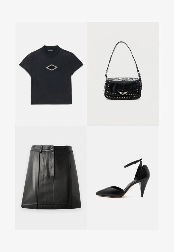 Schwarzes Kurzarm-Crop-Top mit Rundhalsausschnitt und einem silbernen, rautenförmigen Ausschnittdesign auf der Vorderseite.; Schwarzer Lederrock mit strukturiertem Schnitt, ausgestattet mit einer Vordertasche und einem metallischen Akzent an der Taille. Glatte Textur und genähte Details.; Schwarzer Leder-Pumps mit spitz zulaufender Vorderkappe, Knöchelriemen und kegelstumpfförmigem Absatz vor weißem Hintergrund.; Schwarze Leder-Schultertasche mit silbernen Nieten und geflügeltem Metall-Emblem auf der Frontklappe vor einfarbigem Hintergrund.