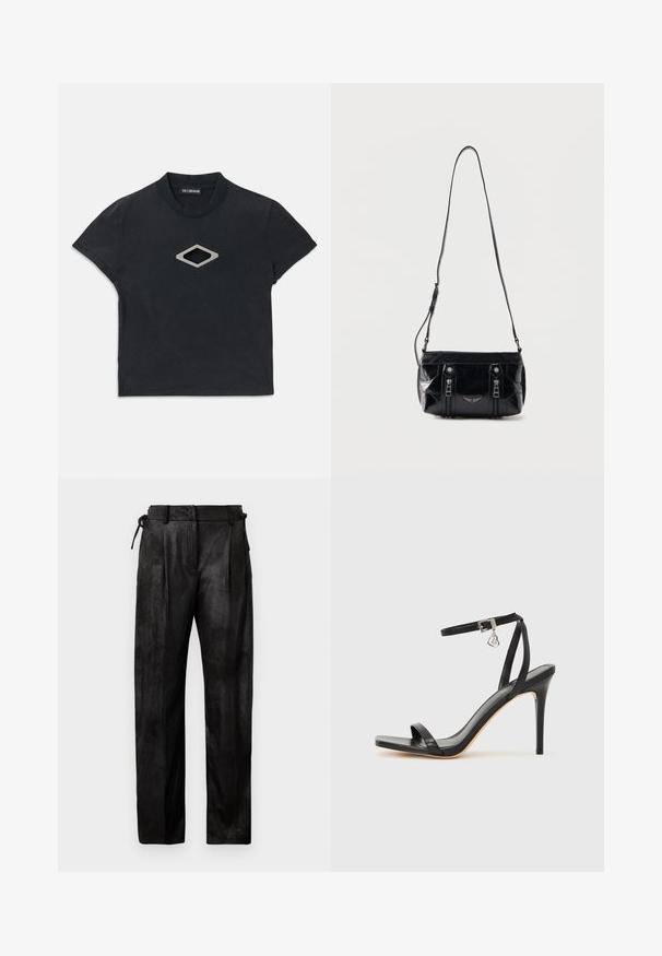 Schwarzes Kurzarm-Crop-Top mit Rundhalsausschnitt und einem silbernen, rautenförmigen Ausschnittdesign auf der Vorderseite.; Schwarze, hoch geschnittene Hose aus strukturiertem Material. Merkmale sind ein gerader Beinverlauf, Falten und ein verstellbarer Kordelzug in der Taille.; Schwarze High-Heel-Sandale mit schmalem Knöchelriemen, quadratischer Zehenbox, glattem Leder und metallischem Schnallenakzent.; Schwarze Lederschultertasche mit verstellbarem Riemen, zwei vertikalen Reißverschlüssen vorne und einem kleinen metallischen Flügel-Emblem unter den Reißverschlüssen.
