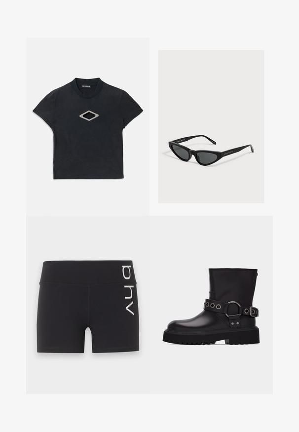 Schwarzes Kurzarm-Crop-Top mit Rundhalsausschnitt und einem silbernen, rautenförmigen Ausschnittdesign auf der Vorderseite.; Schwarze eng anliegende Sportshorts mit hohem Bund und weißem vertikalem "bhv"-Logo auf der rechten Seite.; Schwarzer Lederstiefel bis zur Mitte der Wade mit dicker Profilsohle, dekorativem Riemen mit silbernen Metallösen und Schnalle an der Seite.; Schwarze Cateye-Sonnenbrille mit dunklen Gläsern und dünnen Bügeln, seitlich mit "MAGDA BUTRYM" gebrandet.