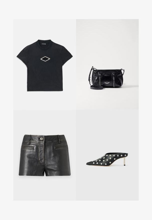 Sort kortærmet cropped t-shirt med rund halsudskæring og et sølvfarvet diamantformet udskæringsdesign i midten foran.; Sorte lædershorts med knapper foran, bæltestropper og to vandrette forlommer på en lysegrå baggrund.; STAND STUDIO KELSEY - Mules med hæl - black; Sort faux læder crossbody taske med lynlåslommer, et dekorativt sølv emblem og en justerbar rem. Glossy tekstur og kompakt form.