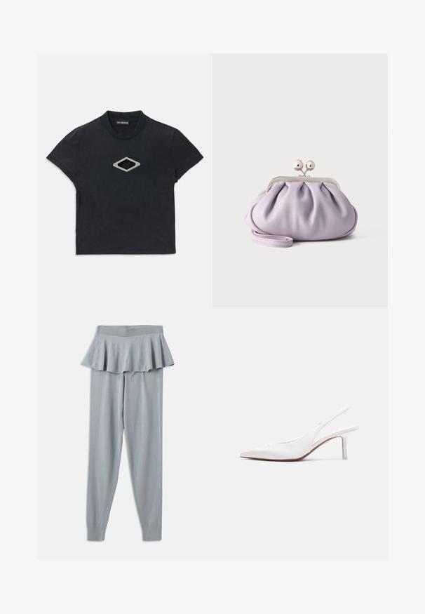 Zwart cropped t-shirt met korte mouwen en een ronde halslijn, met een zilveren diamantvormige uitsnijding in het midden voor.; Lichtgrijze legging met een uitlopende, gerimpelde taille en nauwsluitende pijpen, gemaakt van zacht materiaal. Voorzien van een elastische tailleband voor comfort.; Witte leren slingback damesschoen met spitse neus, lage kittenhak en een kleine decoratieve strik bovenop, zijaanzicht.; Zachte lavendelkleurige clutch met geplooide stof, zilveren kiss-lock sluiting en bijpassend polsbandje op een effen lichte achtergrond.