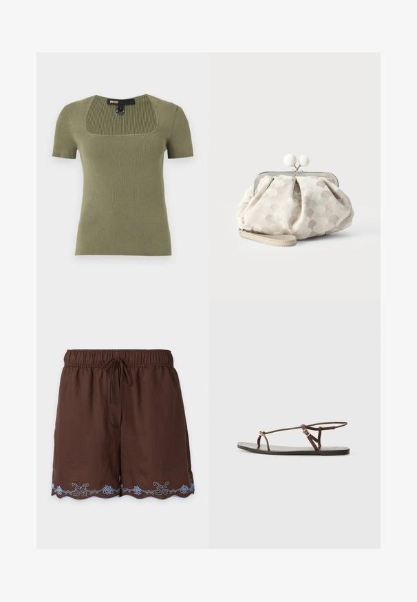 Top en maille côtelée à manches courtes de couleur vert olive avec un col carré et une étiquette de marque visible au niveau du col arrière.; Short marron à taille élastique avec cordon et motif floral brodé bleu clair le long de l'ourlet festonné.; Sandale en cuir marron avec des fines lanières, un accent circulaire doré et une semelle plate. Design minimaliste avec un détail de boucle réglable.; Petit sac pochette beige avec tissu texturé à pois, cadre argenté, fermoir rond blanc et bracelet de poignet amovible sur fond uni.