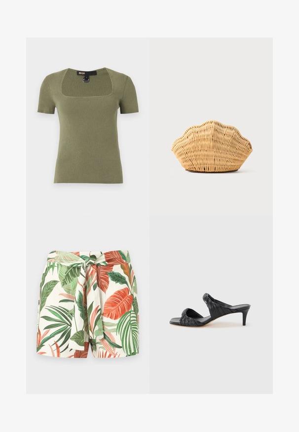 Top en maille côtelée à manches courtes de couleur vert olive avec un col carré et une étiquette de marque visible au niveau du col arrière.; Shorts taille haute avec une ceinture nouée, présentant un motif coloré de feuilles tropicales en vert et orange sur un fond blanc.; Sandales à talons noirs avec un bout carré, fabriquées en cuir lisse. Elles présentent des brides froncées et un talon fin pour plus d'élévation.; Sac à main en rotin tissé en forme de coquille Saint-Jacques de couleur brun clair naturel avec des bords arrondis et texturés.