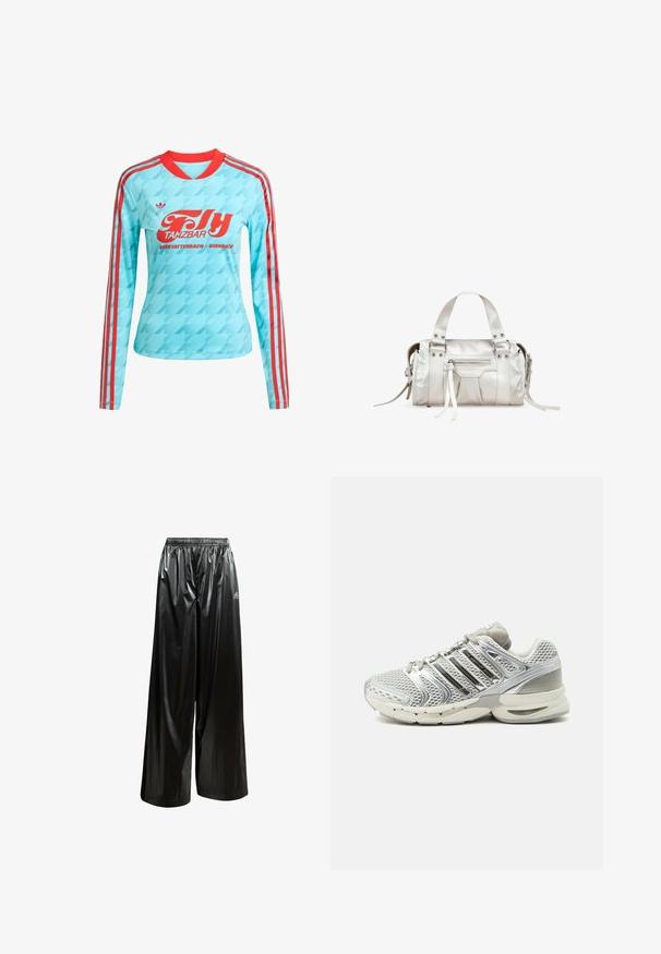 Camiseta deportiva de manga larga en azul claro con acentos rojos y tres franjas. Presenta un gráfico de texto en rojo atrevido y un patrón de pata de gallo.; Pantalones negros de pierna ancha con cintura elástica, hechos de material brillante; cuentan con el logotipo de Adidas en plateado en la parte inferior izquierda.; Zapatilla de running de malla y sintético de color gris claro con suela acolchada y rayas laterales metálicas en plata, vista desde el lado exterior.; Bolso de piel blanca con asas dobles, herrajes plateados, un bolsillo con cremallera en la parte delantera y una textura suave. Los accents incluyen correas largas y delgadas.