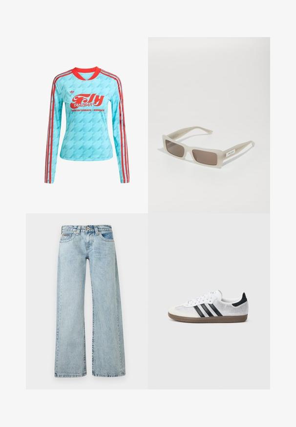 Langærmet sportstrøje i lyseblå med røde accenter og tre striber. Har en dristig rød grafisk tekst og houndstooth mønster.; Lyseblå jeans med høj talje og vide ben, med knap- og lynlåslukning, for- og baglommer samt synlige syninger.; Hvid mesh-sneaker med sorte striber, beige ruskind på tåhætte og hæl, tekstureret gummisål og hvide snørebånd. Klassisk lavtopsdesign.; Frosted beige solbriller med rektangulære linser, brun gradient nuance og glat plastisk ramme, der har et lille logo på siden.