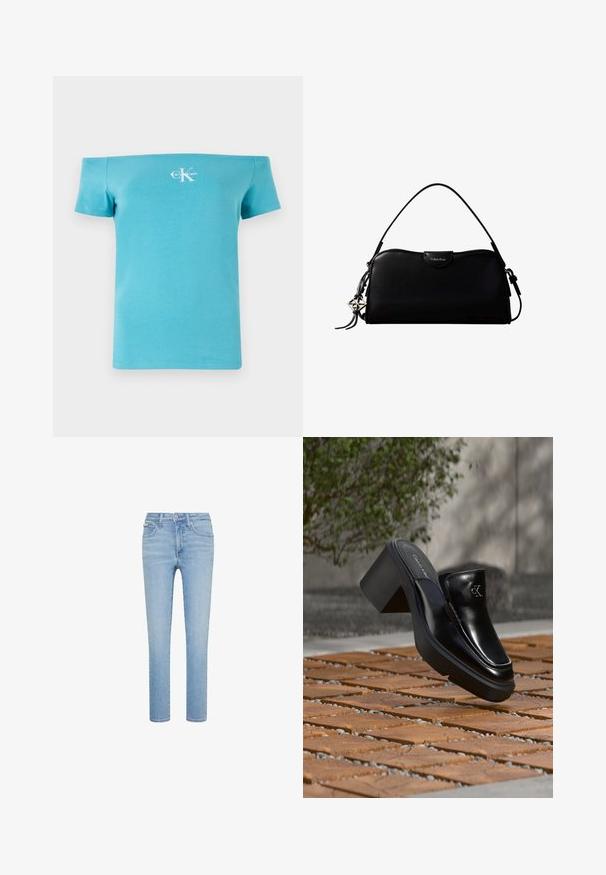 T-shirt turquoise décolleté en coton doux, avec des manches courtes et un logo graphique blanc sur le devant.; Jean slim bleu clair avec cinq poches, bouton à l’avant et fermeture éclair, présenté sur fond blanc.; Mule slip-on en cuir noir Calvin Klein avec talon bloc reposant sur des carreaux en bois à l'extérieur près d'une plante verte et d'un mur gris.; Sac à main rectangulaire noir Calvin Klein avec une seule sangle supérieure, un charm logo argenté et une petite fermeture à rabat sur le devant.