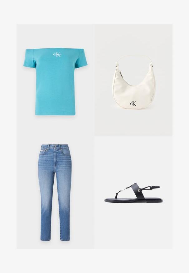 T-shirt turquoise décolleté en coton doux, avec des manches courtes et un logo graphique blanc sur le devant.; Jeans en denim bleu clair avec une taille haute, des jambes droites et des décolorations subtiles. Comprend des passants de ceinture, cinq poches et une fermeture à bouton métallique.; Sandale plate noire avec une fine lanière sur les orteils, une large bande au milieu du pied et une bride de cheville réglable sur fond blanc.; Petit sac à main blanc en forme de croissant avec une courte bandoulière, fermeture éclair et logo "cK" noir sur le devant.