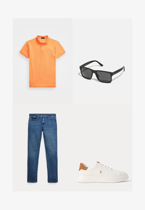Oranges Poloshirt aus Baumwolle mit Rundhalsausschnitt, kurzen Ärmeln und einem kleinen blauen Logo auf der linken Brust. Glatte Textur, klassischer Schnitt.; Blaue Jeans aus Denim mit schmalem Schnitt, ausgestattet mit vorderen Taschen, Gürtelschlaufen und einem Knopfverschluss vor weißem Hintergrund.; Weißer Sneaker mit niedrigem Schaft, beige Fersenlasche, weißen Schnürsenkeln und kleinem, besticktem Polospieler-Logo an der Seite über einer dicken Sohle.; Schwarze rechteckige Sonnenbrille mit dunklen Gläsern und matter Oberfläche. Enthält das eingeprägte "POLO"-Logo an den Bügeln und ein robustes Rahmendesign.