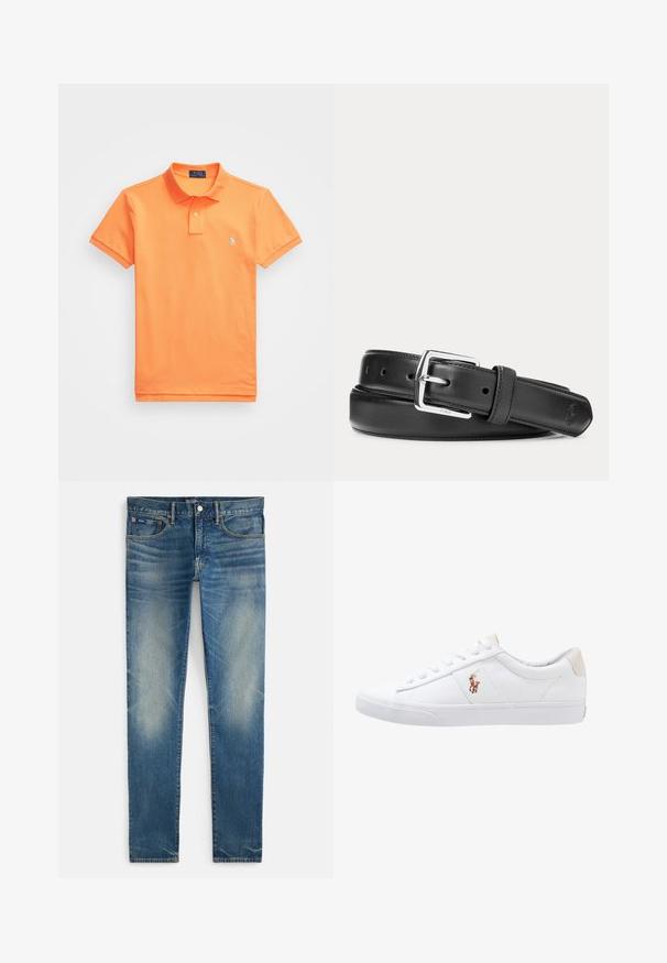 Oranges Poloshirt aus Baumwolle mit Rundhalsausschnitt, kurzen Ärmeln und einem kleinen blauen Logo auf der linken Brust. Glatte Textur, klassischer Schnitt.; Blaue, verwaschene Slim-Fit-Jeans mit Knopf- und Reißverschluss, vorne mit Haupt- und kleinem Münztaschen, flach auf weißem Hintergrund liegend dargestellt.; Weiße Leinensneaker im Low-Top-Design mit einem beigen Ferseneinsatz und einem kleinen gestickten Logo an der Seite. Gummisohle.; Schwarzer Ledergürtel mit silberner rechteckiger Schnalle, aufgerollt auf weißem Hintergrund, mit dezent geprägt Logo an der Spitze.