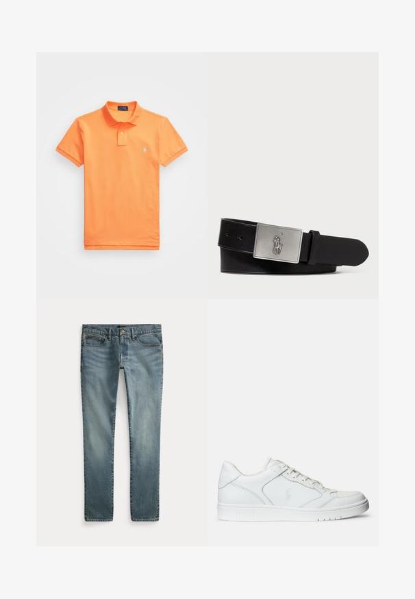 Oranž polo särk, mis on valmistatud puuvillast, ümmarguse kaelusega, lühikeste varrukatega ja väikese sinise logoga vasakul rinnal. Sile tekstuur, klassikaline lõige.; Sirged säärtega sinised teksad, ees taskud, vööaasad ja nööpidega sulgemine.; Valged nahast spordijalatsid siledast materjalist, millel on ventilatsiooniga varvas, paelad ja kõrvale brodeeritud logo. Valge kummitald.; Must mustra nahkavöö, millel on ristküliku kujuline hõbedane metallist pandla, millel on reljeefne hobusemehe logo, sile pind ja viis vööauku.