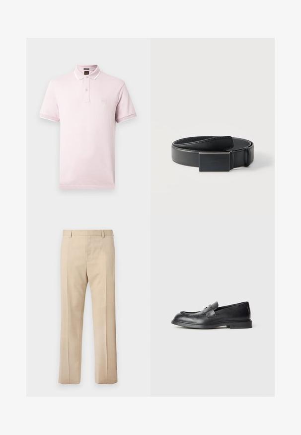 Polo rose clair en coton, doté d'un col à boutons, de manches courtes et d'un petit écusson logo sur la poitrine. Accents blancs sur le col.; Pantalon beige sur mesure avec passants pour ceinture, pli devant et fermeture éclair dissimulée, présenté sur un fond uni.; Mocassins en cuir noir avec une finition texturée, dotés d'une bride décorative à l'avant et d'un bout arrondi. Semelle en caoutchouc pour plus de durabilité.; Ceinture en cuir noir enroulée avec une boucle noire mate rectangulaire et un logo embossé discret sur fond blanc.