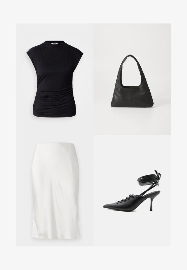Haut noir sans manches avec un col montant, des côtés froncés et un tissu lisse. Design simple sans logos ni motifs visibles.; Jupe midi en satin blanc avec taille haute et inserts en dentelle sur les coutures latérales, présentée sur un fond clair uni.; Chaussure à talon haut noire à bout pointu avec laçage à l'avant et brides enroulées autour de la cheville nouées en nœud, vue de côté sur fond blanc.; Sac à main en cuir noir de forme triangulaire, avec une grande poignée découpée et des coutures détaillées le long des bords. Texture lisse.