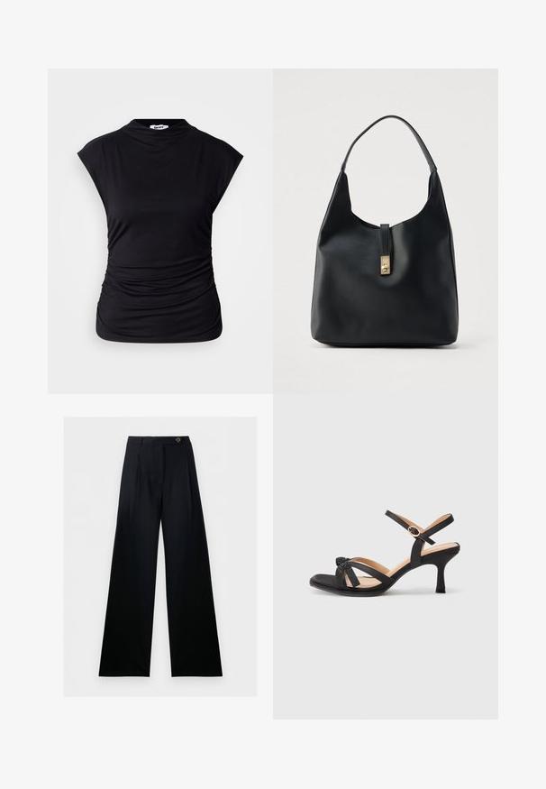 Haut noir sans manches avec un col montant, des côtés froncés et un tissu lisse. Design simple sans logos ni motifs visibles.; Pantalon noir à jambes larges, taille haute, fermeture boutonnée à l’avant, avec passants de ceinture, présenté sur fond blanc.; Sandales à talons noirs avec un design à sangles, dotées d'un détail de nœud brillant et d'une bride ajustable à la cheville. Texture lisse et talon courbé.; Sac hobo en cuir noir à finition texturée, doté d'un fermoir doré et d'une anse incurvée unique pour un port à l'épaule.