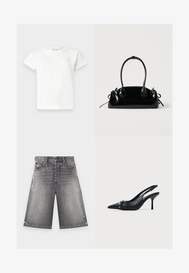 T-shirt blanc uni à manches courtes et col rond, avec un ourlet droit, présenté sur un fond gris clair.; Shorts en denim gris délavé avec poches avant, passants pour ceinture, fermeture par bouton, et détails subtils d'usure sur les cuisses et l'ourlet.; Escarpin slingback à talon haut en cuir noir avec bout pointu, boucle et détail de bride œillet à l'avant.; Petit sac à main noir brillant avec deux longues anses et des détails à cordon sur les côtés sur un fond clair uni.