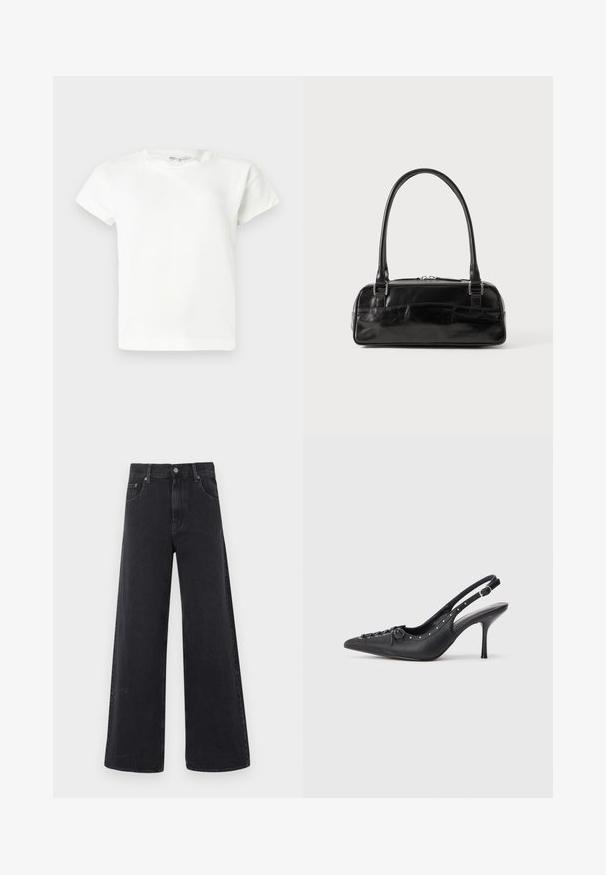 T-shirt blanc uni à manches courtes et col rond, avec un ourlet droit, présenté sur un fond gris clair.; Jean en denim noir à taille haute, jambes larges, avec fermeture à boutons et zip à l'avant, passants pour ceinture, et design à cinq poches.; Escarpin en cuir noir à talon aiguille avec un bout pointu, une bride latérale à boucle, des clous le long du bord et un laçage décoratif à l'avant.; Sac à main en cuir noir de forme rectangulaire, doté d'une seule ansse structurée, de quincaillerie argentée et d'une fermeture éclair. Texture lisse.