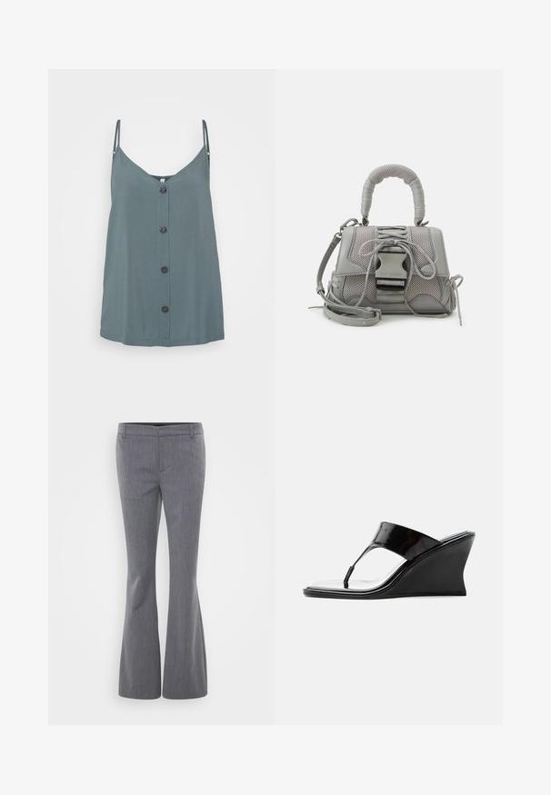 Débardeur vert sauge avec un décolleté en V, fines bretelles et boutons noirs sur le devant. Fabriqué à partir d'un tissu lisse et léger.; Gina Tricot Tall RELAXED TROUSERS - Pantalon classique - grey melange; Sandale compensée en cuir verni noir avec bride entre les orteils et bout carré, design moderne et épuré, vue de profil sur fond blanc.; Sac à main gris texturé avec une poignée rembourrée, des accents en maille, une bandoulière ajustable et un fermoir à l'avant. Design compact avec une forme arrondie.