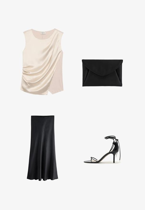 Top sans manches en satin crème au design drapé, présentant une texture lisse et un panneau contrastant d'une teinte plus claire sur le côté.; Jupe midi en satin noir avec une texture lisse, taille haute et légère évasée à l'ourlet, montrée sur un fond blanc.; Sandale noire à talon haut avec fines brides, lien autour de la cheville et talon aiguille de hauteur moyenne sur fond blanc.; Pochette noire de style enveloppe avec rabat pointu et surpiqûres visibles sur fond blanc.
