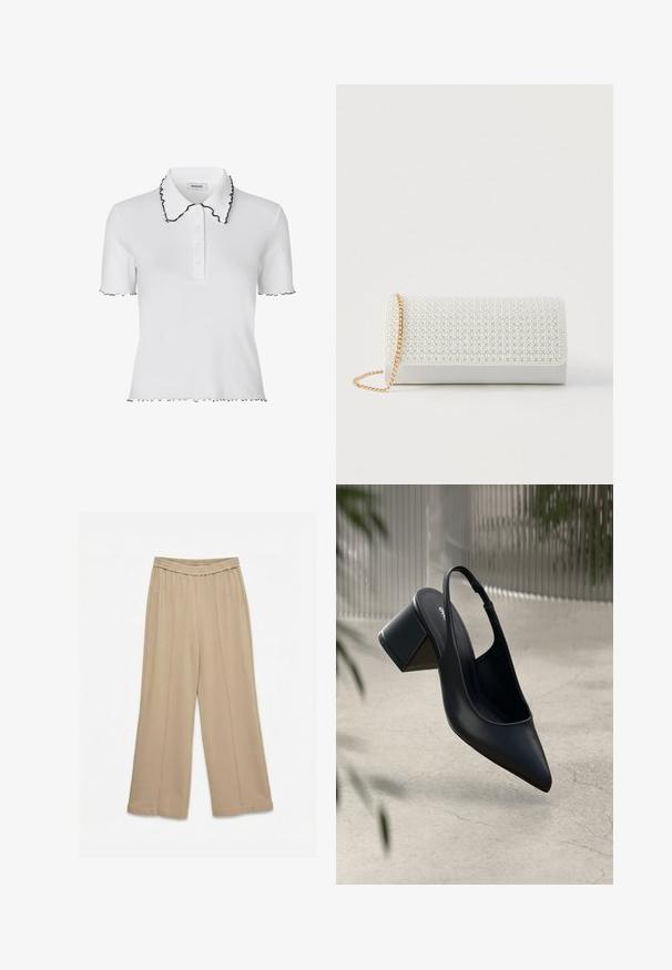 Modström MAGDALONEMD POLO - Polo - soft white; Pantalon beige à jambes larges avec taille élastique et détails de coutures verticales, présenté sur un fond blanc uni.; Escarpin noir en cuir avec un bout pointu et un talon bloc. Texture lisse, design minimaliste et bride de cheville réglable.; Pochette rectangulaire blanche avec un motif texturé de petites perles sur le devant, dotée d'une bandoulière chaîne dorée. Matériau lisse ressemblant à du cuir.