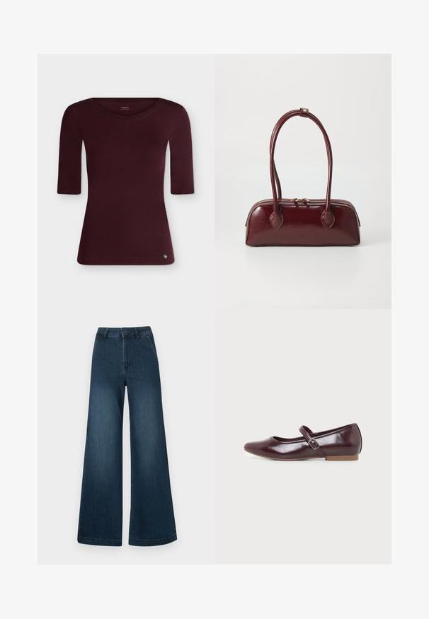 Haut moulant bordeaux pour femme, à manches trois-quarts et col rond, présenté sur fond blanc uni. Aucun motif ou dessin visible.; Jean en denim bleu foncé, taille haute et jambes larges, avec poches avant et passants de ceinture sur fond blanc.; Chaussure plate Mary Jane bordeaux avec bout arrondi, finition brillante, bride latérale ajustable avec boucle argentée et semelle basse couleur tan.; Sac à main en cuir bordeaux avec une forme courbée, deux poignées, fermeture éclair et détails de couture subtils. Fini lisse et brillant.