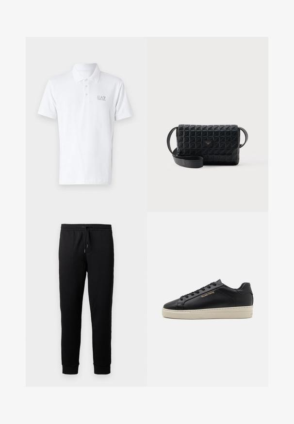 Polo shirt blanc en coton. Il présente un col classique, une patte de boutonnage à trois boutons et un logo EA7 gris clair sur la poitrine. Manches courtes.; Pantalons de jogging noirs en tissu doux avec une taille élastique et un cordon de serrage. Présente des jambes fuselées avec des poignets côtelés.; Sneaker en cuir noir avec une finition lisse, semelle crème contrastante, bout arrondi, logo doré sur le côté et six œillets pour les lacets.; Sac bandoulière noir texturé avec une fermeture à rabat et un petit logo en métal sur le devant, présenté sur un fond uni.