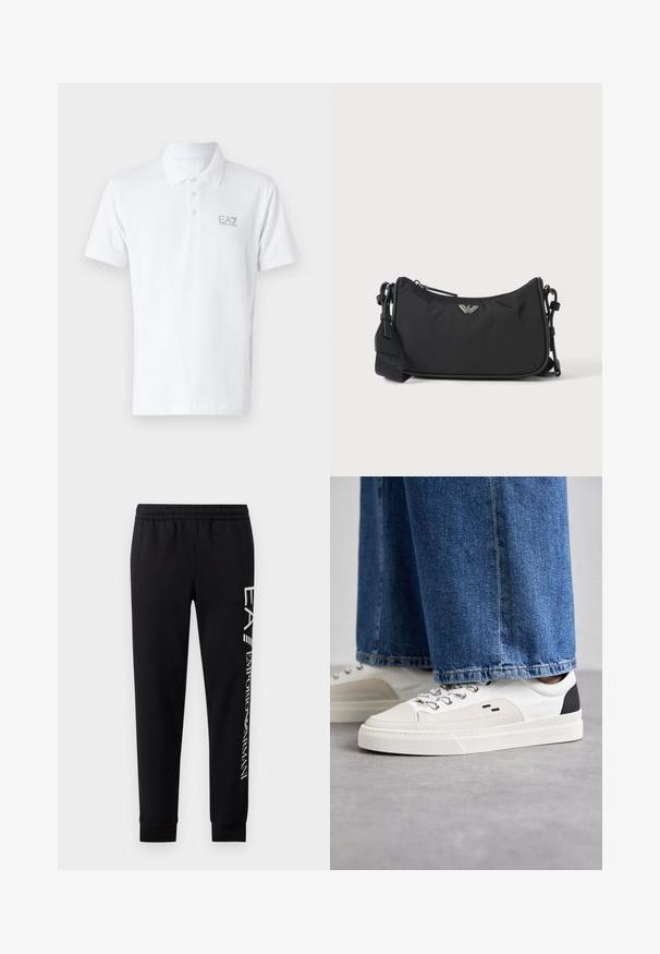 Polo shirt blanc en coton. Il présente un col classique, une patte de boutonnage à trois boutons et un logo EA7 gris clair sur la poitrine. Manches courtes.; Pantalons de survêtement noirs en mélange de coton, dotés d'une taille élastique, de jambes fuselées, de poignets côtelés et d'un imprimé logo blanc sur le côté.; Baskets blanches et noires avec une tige en cuir lisse, des accents texturés et une semelle épaisse blanche. Présentent un design classique à lacets.; Sac bandoulière rectangulaire noir avec emblème du logo de la marque argenté et sangle réglable sur fond clair.