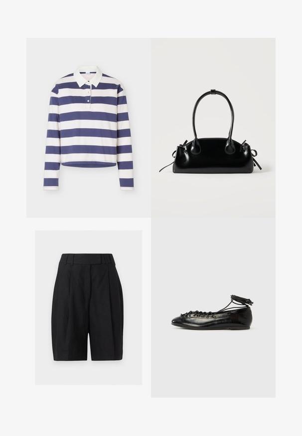 Maillot de rugby à manches longues avec rayures horizontales bleu marine et blanc et un col blanc, doté d’une patte à deux boutons.; Shorts noirs taille haute ajustés, avec passants de ceinture, plis à l’avant et fermeture éclair dissimulée.; Ballerines en cuir verni noir avec un bout rond, un design à lacets et une semelle plate. Texture lisse avec peu de détails.; Petit sac à main noir brillant avec deux longues anses et des détails à cordon sur les côtés sur un fond clair uni.