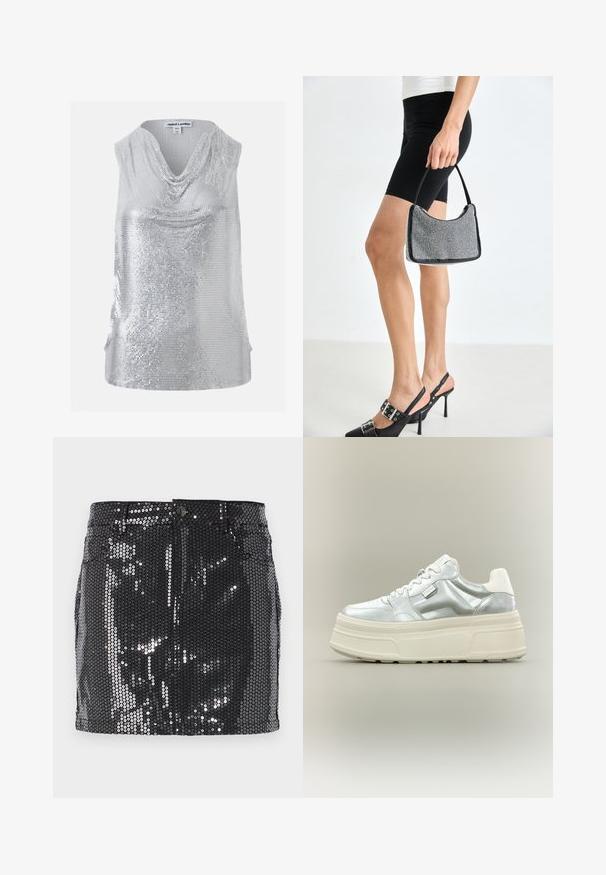 Top sans manches argenté à sequins avec un col bénitier drapé, taille XS/S, marque Jaded London.; Mini-jupe en sequins noirs avec un design ajusté, fermeture à bouton et une texture brillante qui reflète la lumière. Ourlet droit et poches fonctionnelles.; Baskets à plateforme épaisses avec dessus argent métallisé, lacets blancs et semelle épaisse texturée crème, présentées en profil sur fond neutre.; Sac à main à perles noires avec une silhouette courbée, une poignée de transport et une texture brillante. Porté avec des chaussures à talons hauts noires et un short noir ajusté.