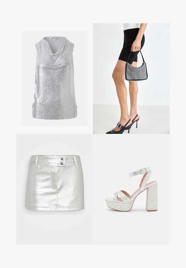Top sans manches argenté à sequins avec un col bénitier drapé, taille XS/S, marque Jaded London.; Jupe en cuir synthétique argenté avec un motif crocodile texturé, dotée de deux accents de boutons bleus et d'un design ajusté.; Sandales à plateforme blanches avec une finition métallique, présentant deux brides croisées, une bride de cheville et un talon carré orné de gemmes scintillantes.; Sac à main à perles noires avec une silhouette courbée, une poignée de transport et une texture brillante. Porté avec des chaussures à talons hauts noires et un short noir ajusté.